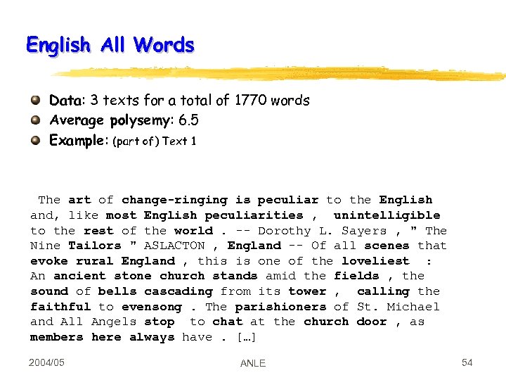 English All Words Data: 3 texts for a total of 1770 words Average polysemy: