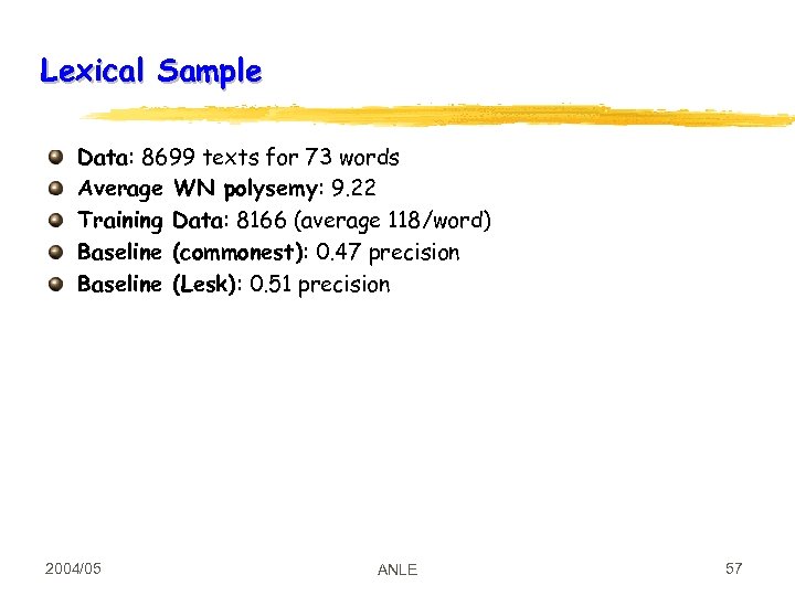 Lexical Sample Data: 8699 texts for 73 words Average WN polysemy: 9. 22 Training