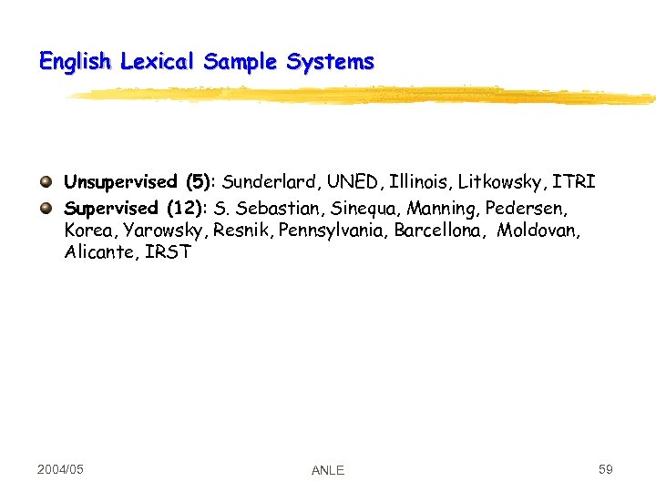 English Lexical Sample Systems Unsupervised (5): Sunderlard, UNED, Illinois, Litkowsky, ITRI Supervised (12): S.