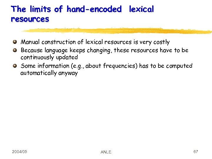 The limits of hand-encoded lexical resources Manual construction of lexical resources is very costly