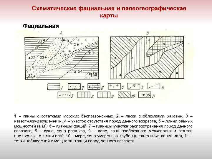 Схематические фациальная и палеогеографическая карты Фациальная Палеографическая 1 – глины с остатками морских беспозвоночных,