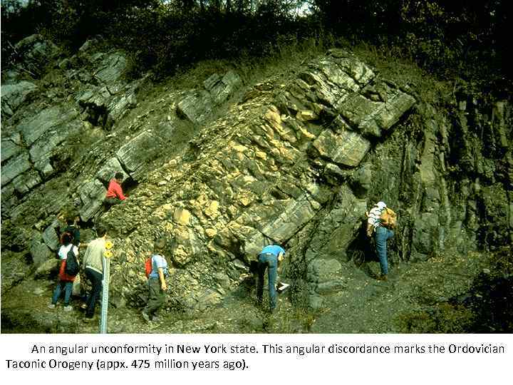 An angular unconformity in New York state. This angular discordance marks the Ordovician Taconic