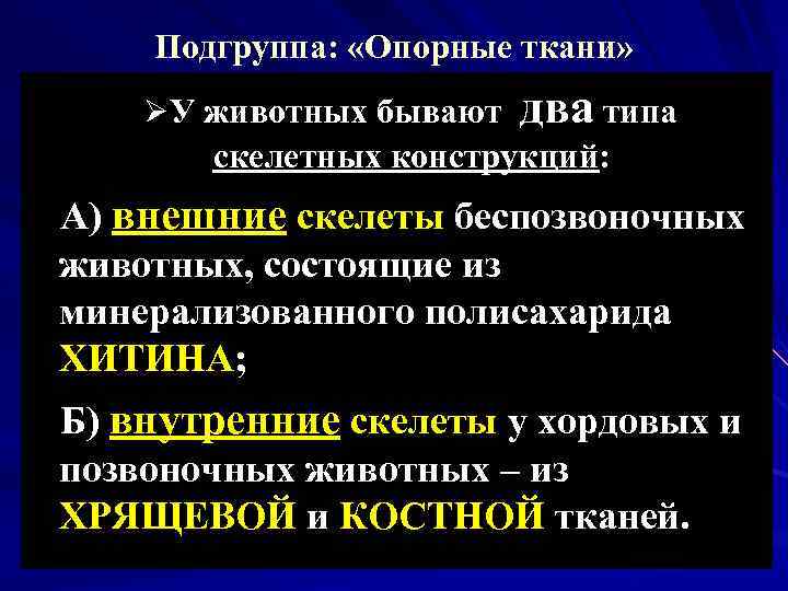 Подгруппа: «Опорные ткани» ØУ животных бывают два типа скелетных конструкций: А) внешние скелеты беспозвоночных