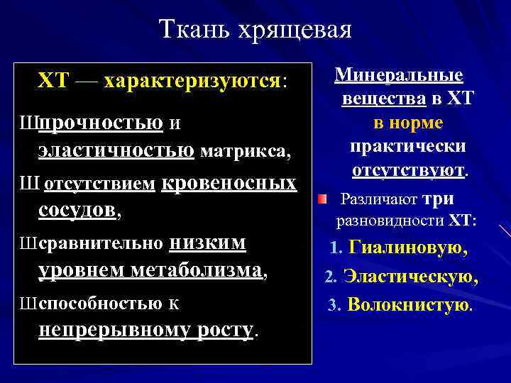 Ткань хрящевая ХТ — характеризуются: Шпрочностью и Минеральные вещества в ХТ в норме практически