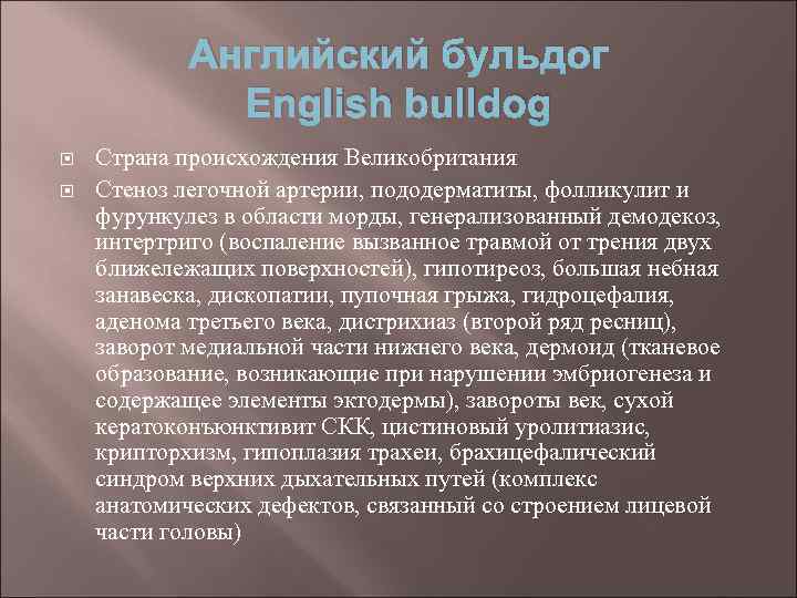 Английский бульдог English bulldog Страна происхождения Великобритания Стеноз легочной артерии, пододерматиты, фолликулит и фурункулез