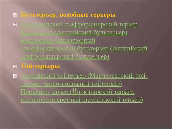  Бультерьер, подобные терьеры Американский стаффордширский терьер Бультерьер (Английский бультерьер) Бультерьер миниатюрный Стаффордширский бультерьер