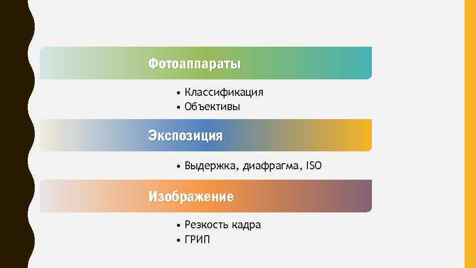 Фотоаппараты • Классификация • Объективы Экспозиция • Выдержка, диафрагма, ISO Изображение • Резкость кадра