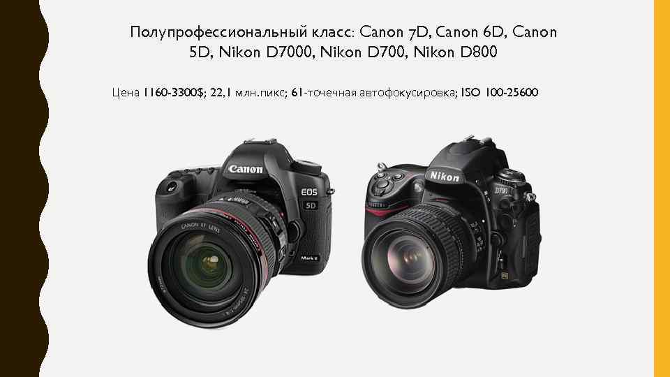Полупрофессиональный класс: Canon 7 D, Сanon 6 D, Canon 5 D, Nikon D 7000,