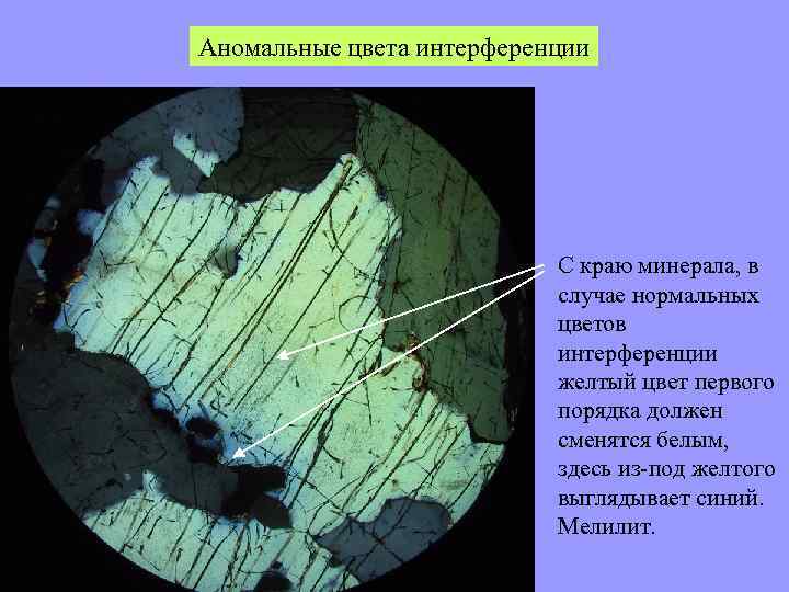 Аномальные цвета интерференции С краю минерала, в случае нормальных цветов интерференции желтый цвет первого