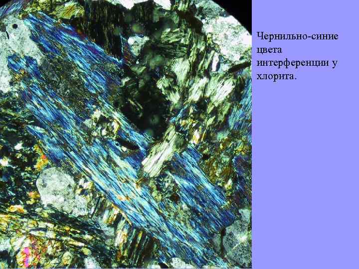 Чернильно синие цвета интерференции у хлорита. 