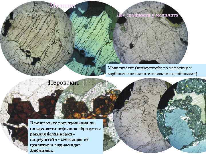 Мелилит Две спайности у мелилита Мелилитолит (шпреуштейн по нефелину и карбонат с полисинтетическими двойниками)