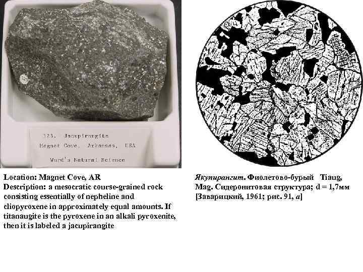 Location: Magnet Cove, AR Description: a mesocratic course grained rock consisting essentially of nepheline