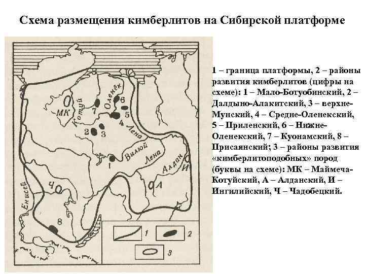 Схема размещения кимберлитов на Сибирской платформе 1 – граница платформы, 2 – районы развития