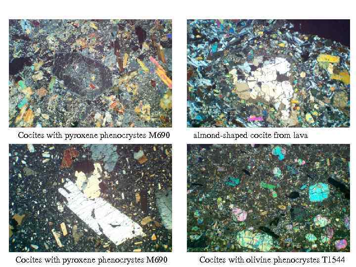 Cocites with pyroxene phenocrystes M 690 almond-shaped cocite from lava Cocites with olivine phenocrystes