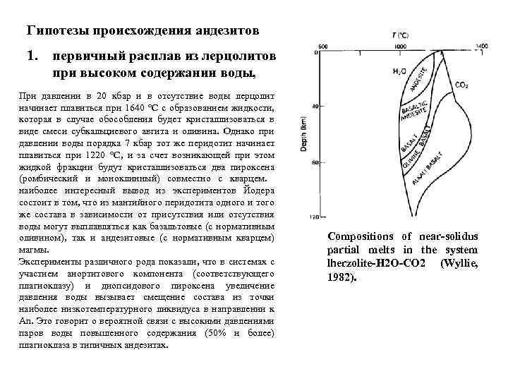 Гипотезы происхождения андезитов 1. первичный расплав из лерцолитов при высоком содержании воды, При давлении