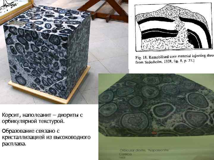 Корсит, наполеанит – диориты с орбикулярной текстурой. Образование связано с кристаллизацией из высоководного расплава.