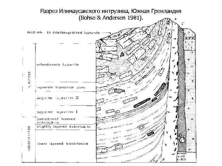 Разрез Илимаусакского интрузива, Южная Гренландия (Bohse & Andersen 1981). 