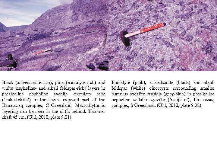 Black (arfvedsonite-rich), pink (eudialyte-rich) and white (nepheline- and alkali feldspar-rich) layers in peralkaline nepheline