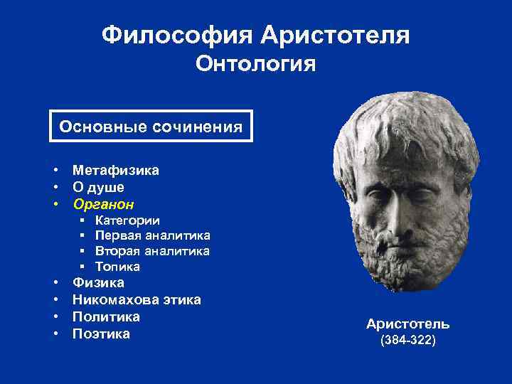 Философия Аристотеля Онтология Основные сочинения • Метафизика • О душе • Органон § §