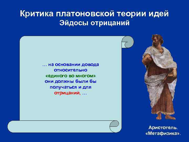 Критика платоновской теории идей Эйдосы отрицаний … на основании довода относительно «единого во многом»
