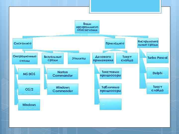 Виды программного обеспечения Прикладное Системное Операционные стемы Визуальные среды Утилиты Делового применения Текст слайда