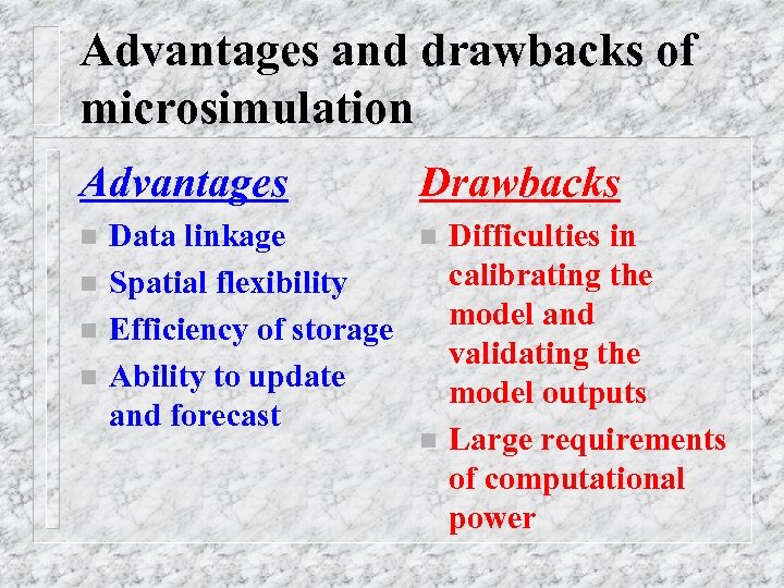 Advantages and drawbacks of microsimulation Advantages n n Data linkage Spatial flexibility Efficiency of