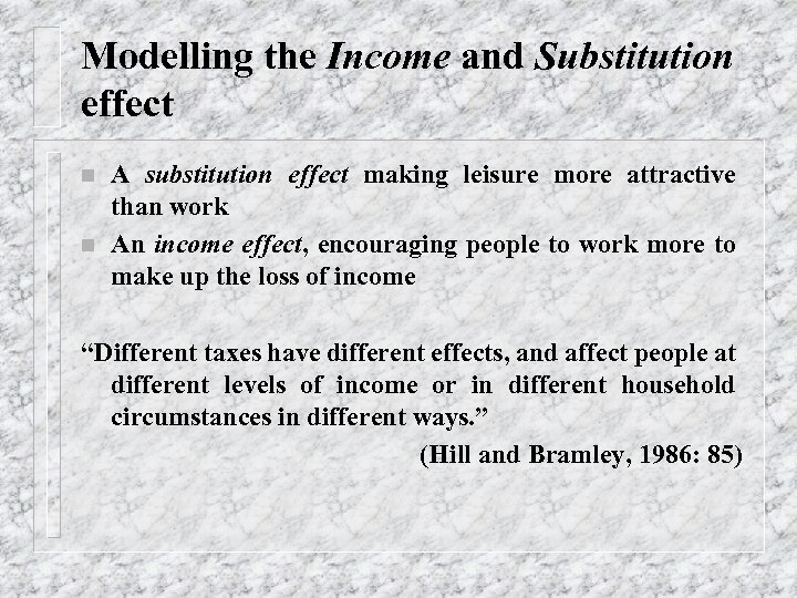 Modelling the Income and Substitution effect n n A substitution effect making leisure more