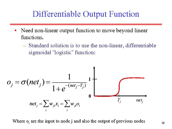 Differentiable Output Function • Need non-linear output function to move beyond linear functions. –