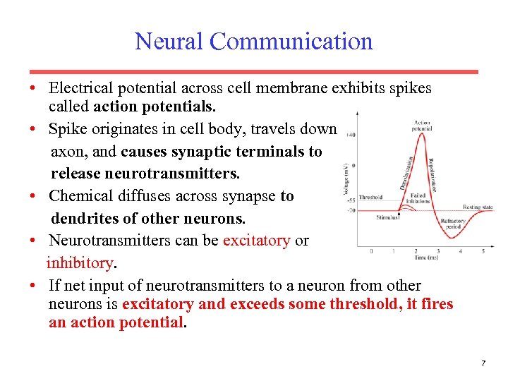 Neural Communication • Electrical potential across cell membrane exhibits spikes called action potentials. •
