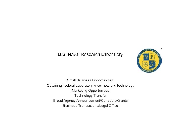 U. S. Naval Research Laboratory Small Business Opportunities: Obtaining Federal Laboratory know-how and technology