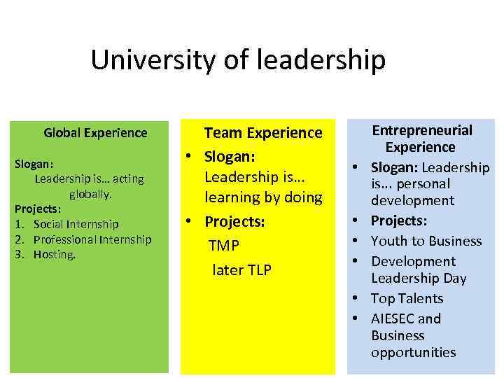 University of leadership Global Experience Slogan: Leadership is… acting globally. Projects: 1. Social Internship