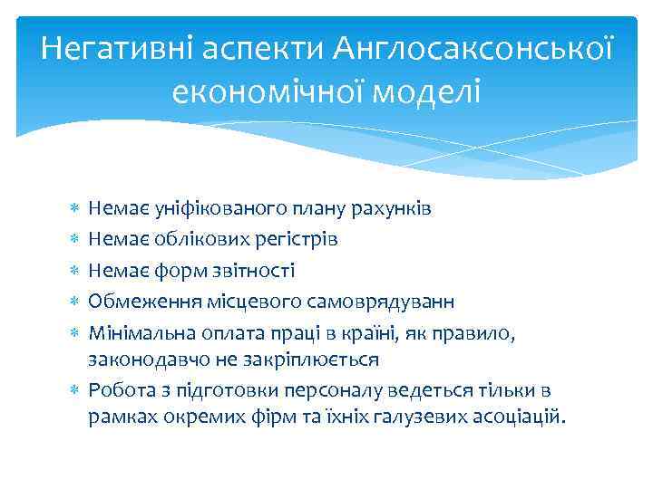 Негативні аспекти Англосаксонської економічної моделі Немає уніфікованого плану рахунків Немає облікових регістрів Немає форм