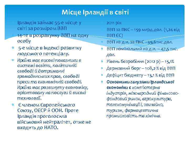 Місце Ірландії в світі Ірландія займає 55 -е місце у світі за розміром ВВП