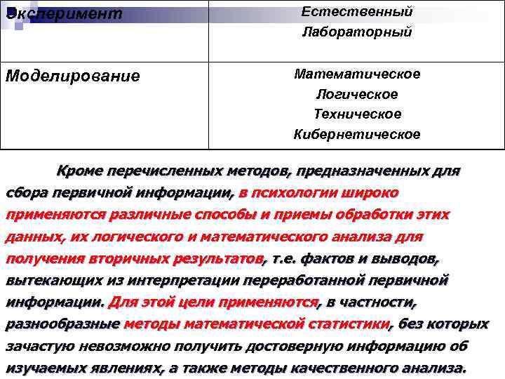 Эксперимент Моделирование Естественный Лабораторный Математическое Логическое Техническое Кибернетическое Кроме перечисленных методов, предназначенных для сбора
