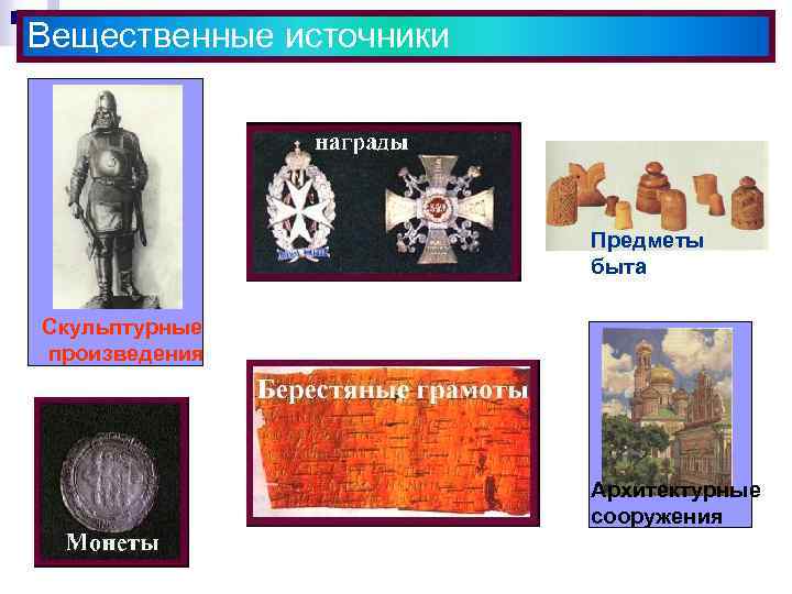 Вещественные источники Скульптурн ые произведен Скульптурные ия Предметы быта произведения Архитектурные сооружения 
