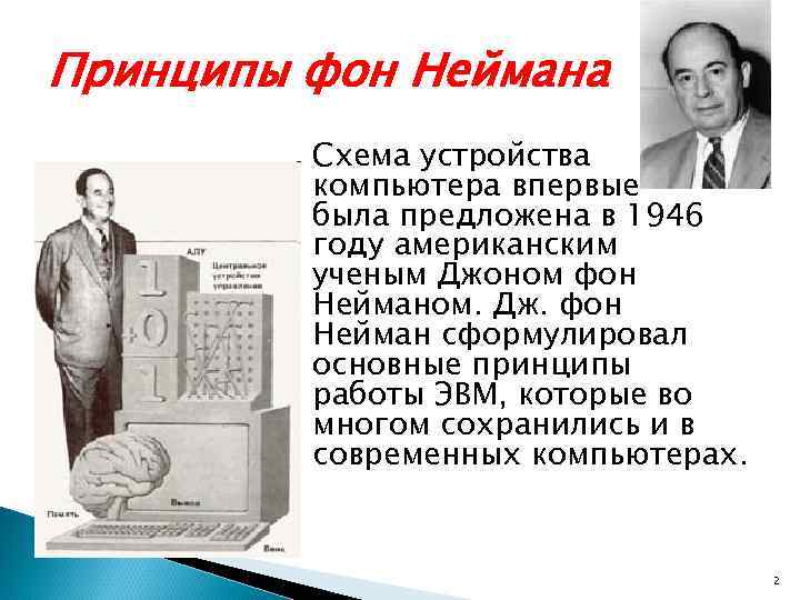 Принципы фон Неймана Схема устройства компьютера впервые была предложена в 1946 году американским ученым