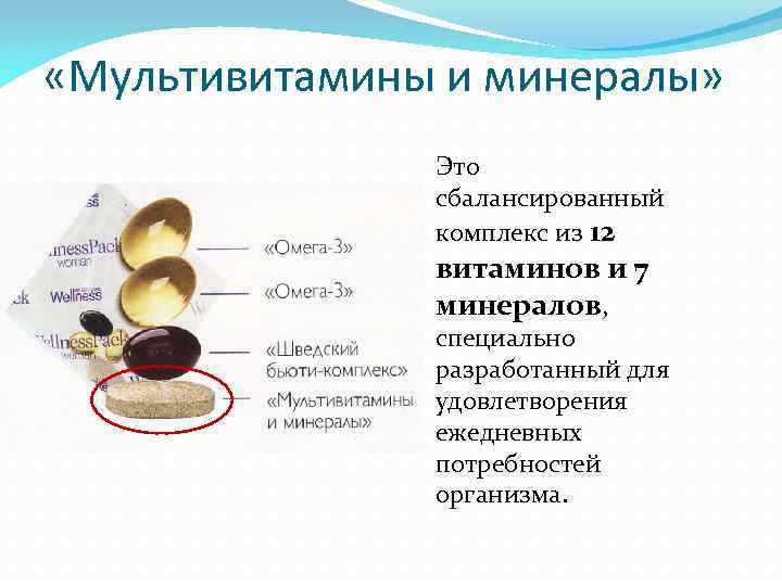  «Мультивитамины и минералы» Это сбалансированный комплекс из 12 витаминов и 7 минералов, специально