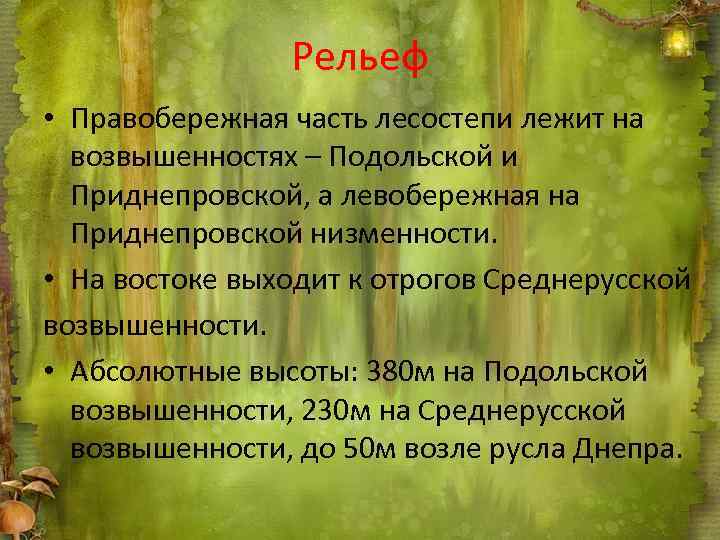 Рельеф • Правобережная часть лесостепи лежит на возвышенностях – Подольской и Приднепровской, а левобережная