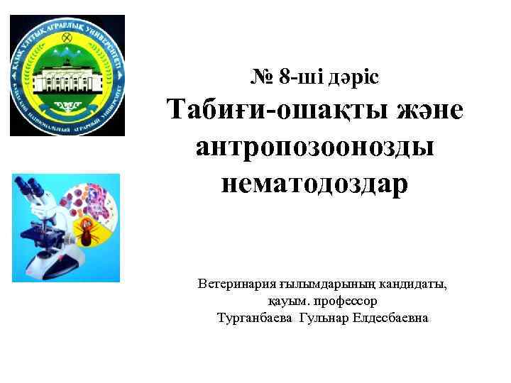 № 8 -ші дәріс Табиғи-ошақты және антропозоонозды нематодоздар Ветеринария ғылымдарының кандидаты, қауым. профессор Турганбаева