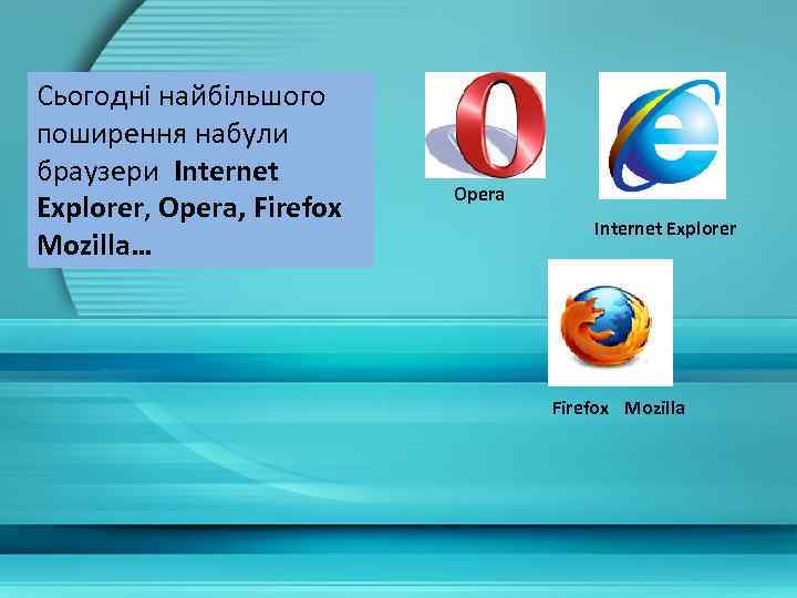 Сьогодні найбільшого поширення набули браузери Internet Explorer, Opera, Firefox Mozilla… Opera Internet Explorer Firefox