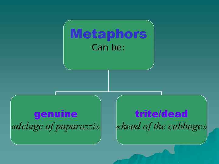 Metaphors Can be: genuine «deluge of paparazzi» trite/dead «head of the cabbage» 