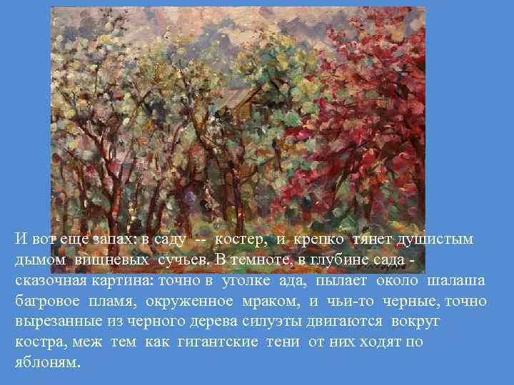 И вот еще запах: в саду -- костер, и крепко тянет душистым дымом вишневых