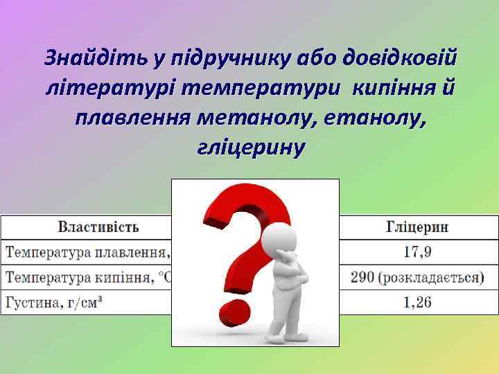 Знайдіть у підручнику або довідковій літературі температури кипіння й плавлення метанолу, гліцерину 