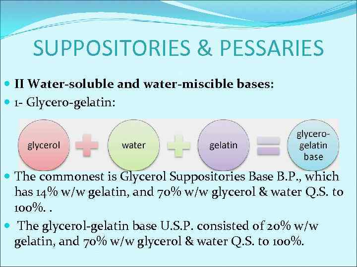 SUPPOSITORIES & PESSARIES II Water-soluble and water-miscible bases: 1 - Glycero-gelatin: The commonest is