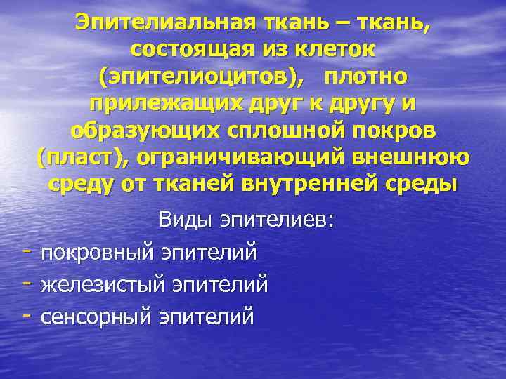 Эпителиальная ткань – ткань, состоящая из клеток (эпителиоцитов), плотно прилежащих друг к другу и
