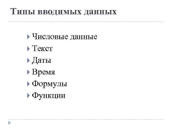 Типы вводимых данных Числовые Текст Даты Время Формулы Функции данные 