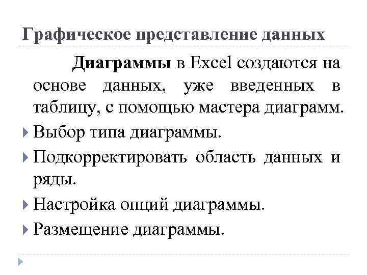 Графическое представление данных Диаграммы в Excel создаются на основе данных, уже введенных в таблицу,