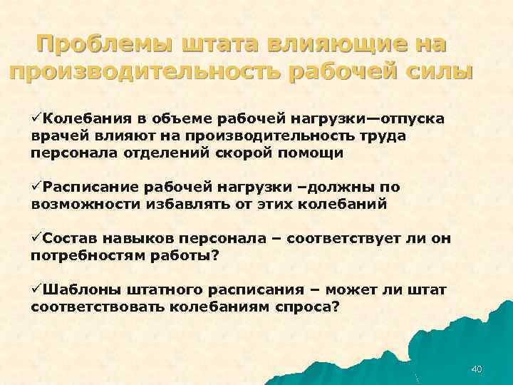 Проблемы штата влияющие на производительность рабочей силы üКолебания в объеме рабочей нагрузки—отпуска врачей влияют