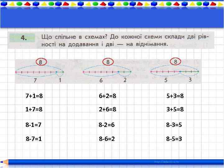 7+1=8 6+2=8 5+3=8 1+7=8 2+6=8 3+5=8 8 -1=7 8 -2=6 8 -3=5 8 -7=1