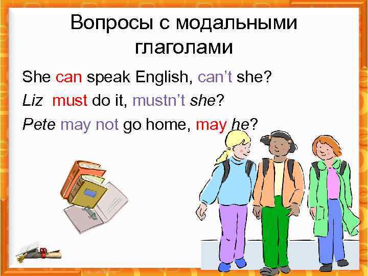 Вопросы с модальными глаголами She can speak English, can’t she? Liz must do it,